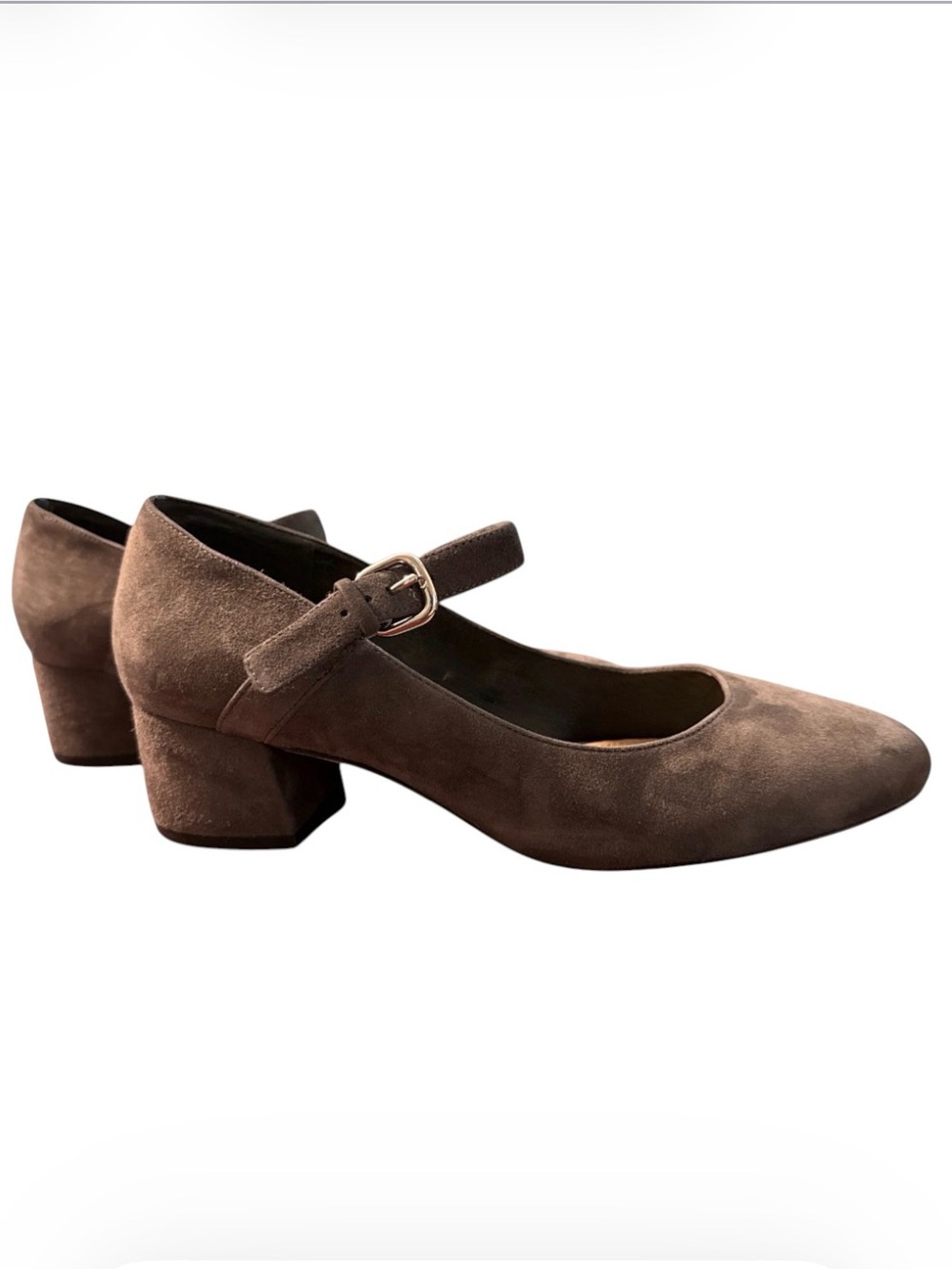 Taupe Grey Suede Mary Jane Block Heel Pumps Round Toe Buckle Strap Sz 7